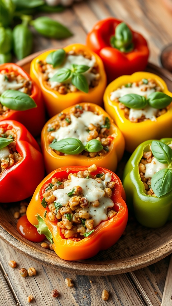 Stuffed bell peppers filled with lentils and spinach, topped with cheese and basil, served with tomato sauce.
